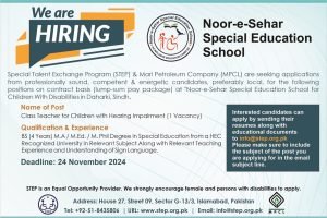 Flyer: Teacher Hiring for Hearing Impaired Children for more detail please visit https://www.step.org.pk/join-us-at-nsses-in-daharki/