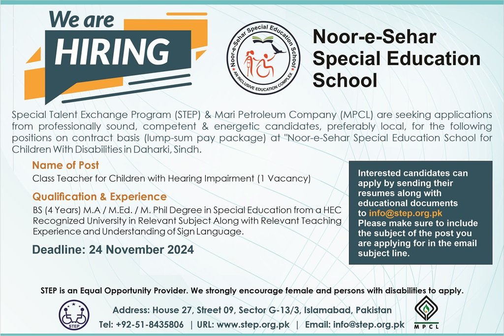 Flyer: Teacher Hiring for Hearing Impaired Children for more detail please visit https://www.step.org.pk/join-us-at-nsses-in-daharki/