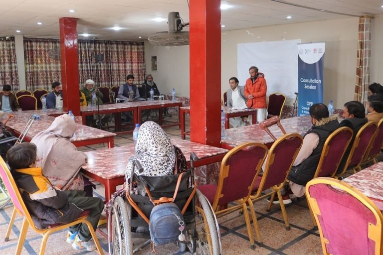 Participants at the Provincial Consultation and Training Workshop in Nowshera, KP, discussing disability rights and Assistive Technology.